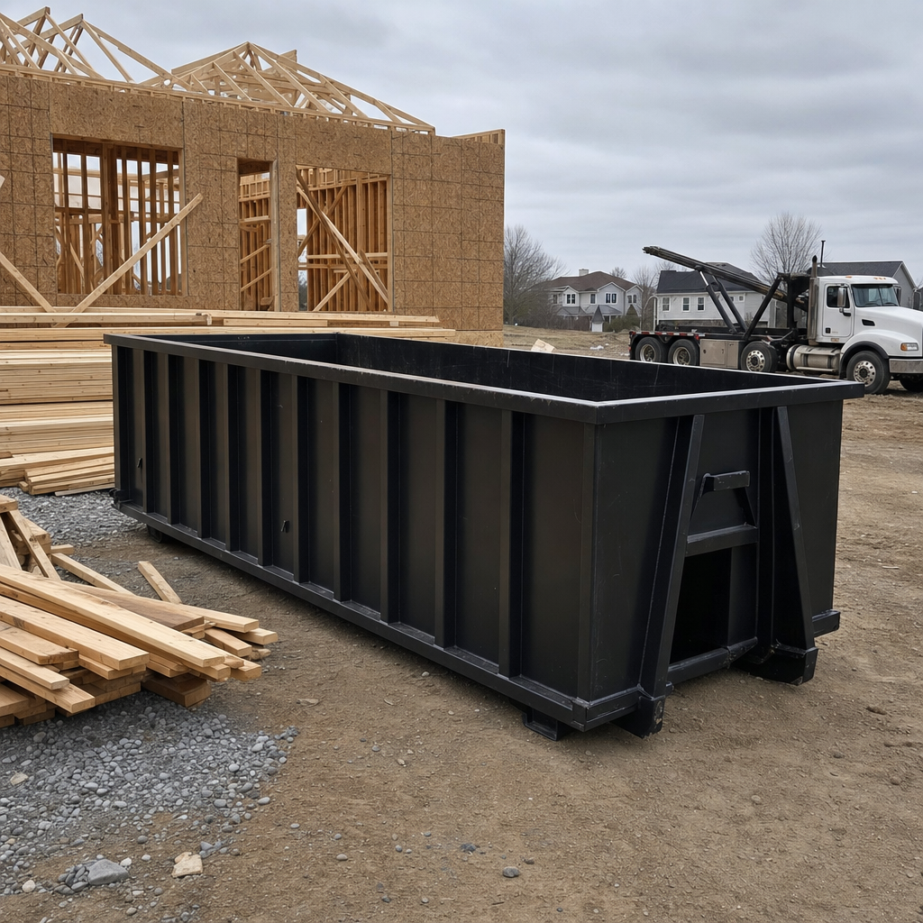 Matte-black 40-yard roll-off dumpster staged on a framed-out residential construction site in Clifton, framing lumber stacked nearby, hooklift delivery truck visible in the background under bright Colorado daylight