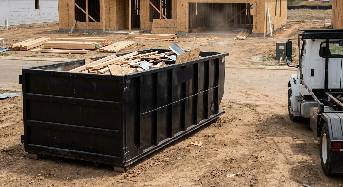 Matte-black 20-yard roll-off construction dumpster with heavy ribbed steel sidewalls and swing rear doors at a working jobsite in Clifton, sitting directly on compacted dirt with an unmarked white hauler partially visible at the far edge of the frame.