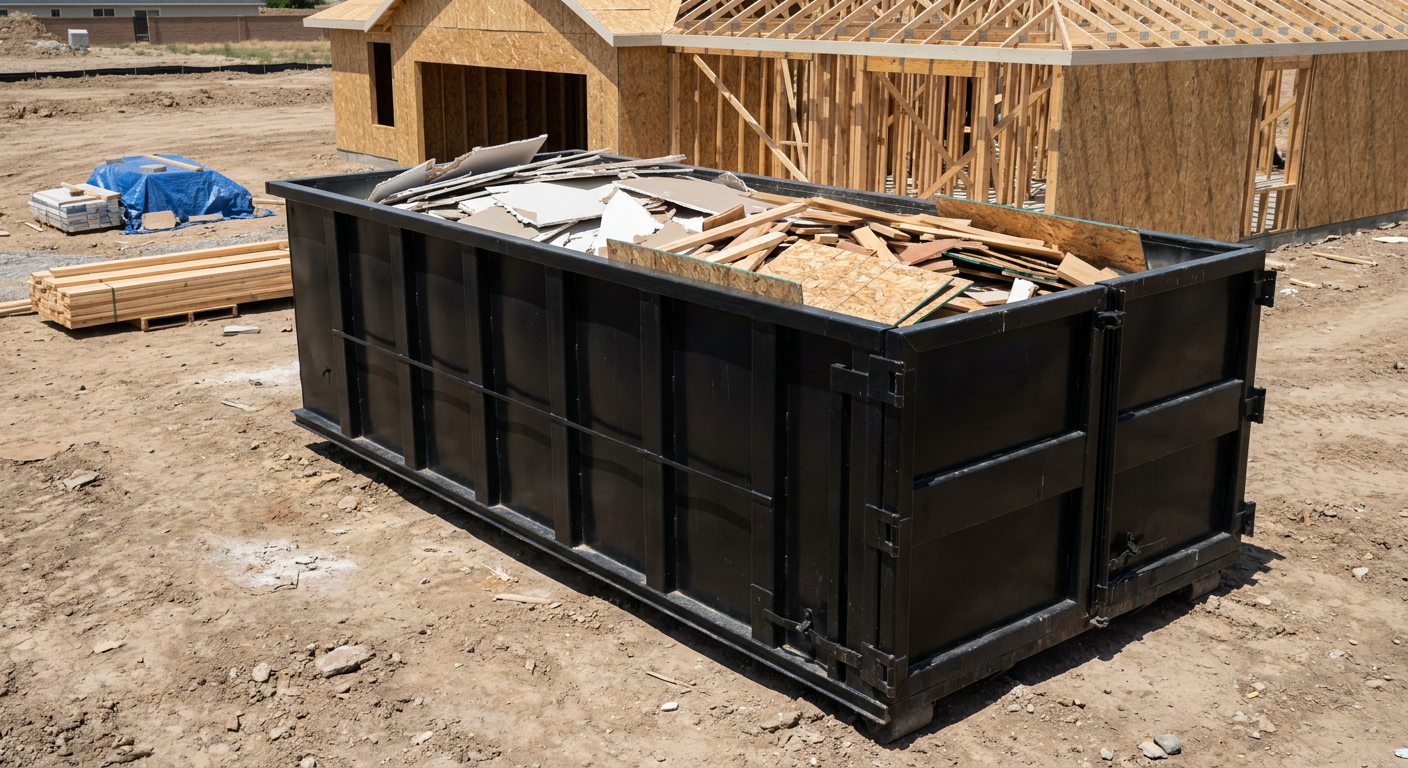 Matte-black 30-yard roll-off construction dumpster sitting directly on the compacted-dirt site of a framed single-family home build in Clifton, drywall and lumber scrap loaded inside.