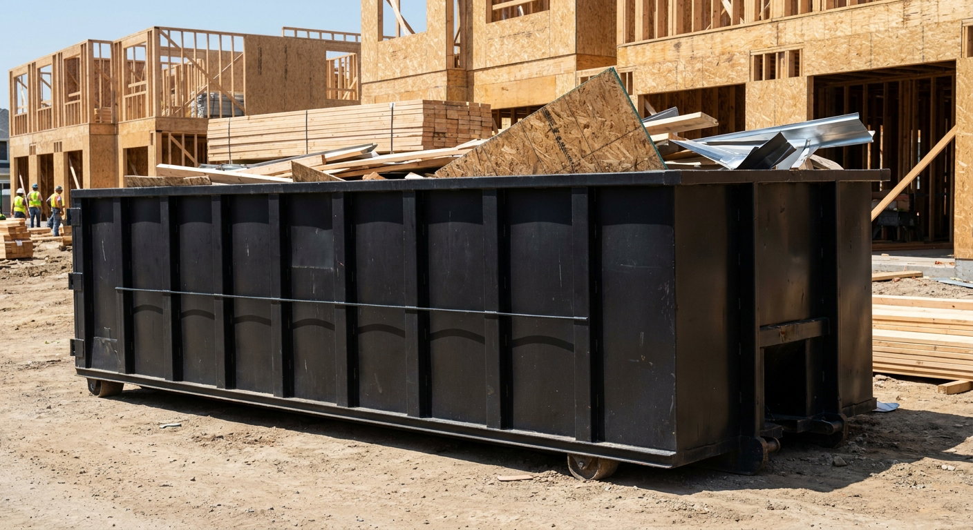 Matte-black 40-yard roll-off construction dumpster being lowered from a white-cab hooklift delivery truck onto the compacted-dirt jobsite at a commercial build site in Clifton