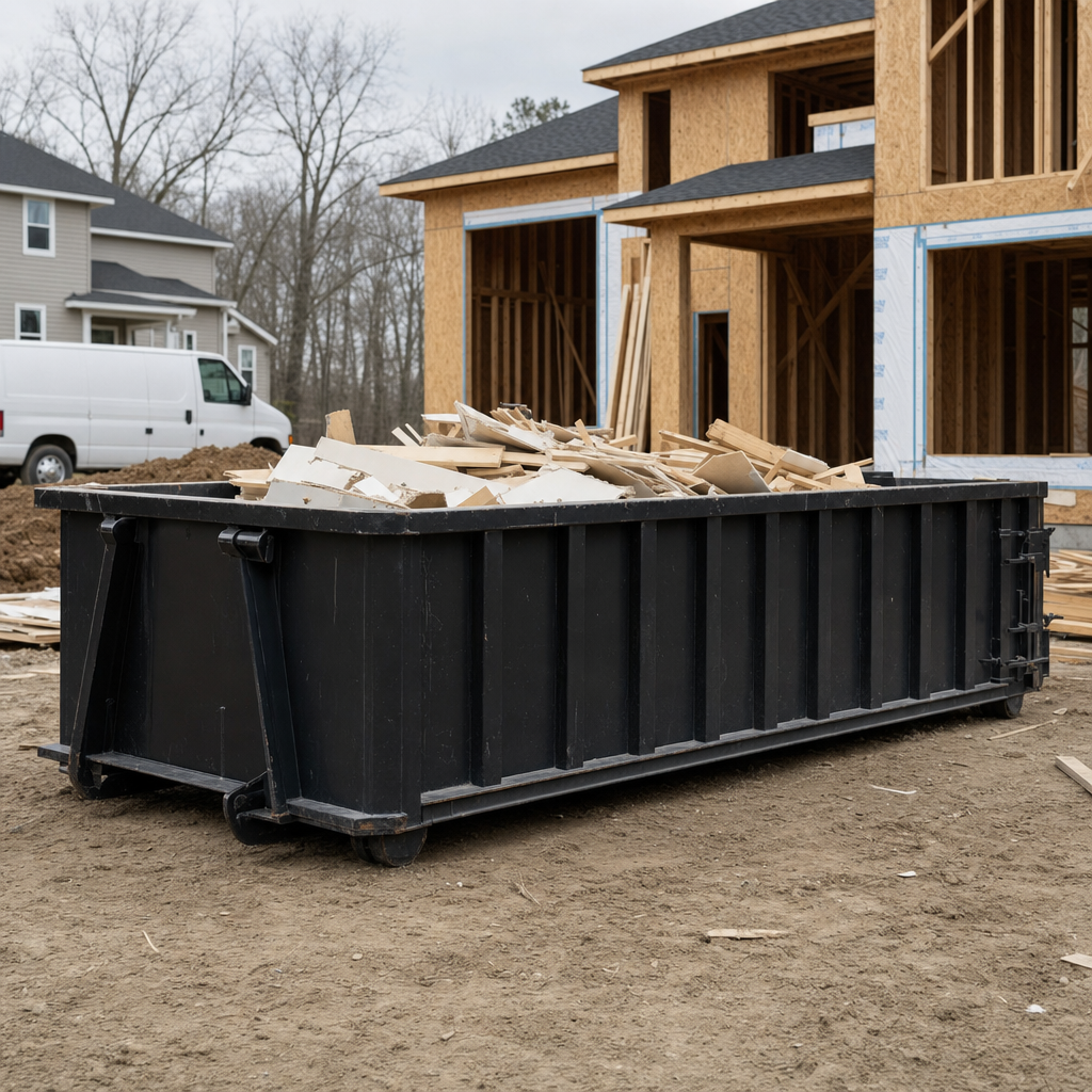 Worker in a yellow high-visibility vest tossing framing lumber and broken drywall into a matte-black 30-yard construction roll-off dumpster on an active build site in Clifton, bright daylight