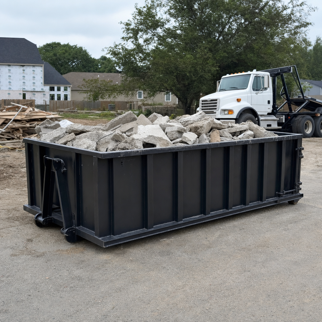 Low-profile matte-black lowboy roll-off dumpster loaded with broken concrete slab and rebar at a foundation tear-out in Clifton, skid steer parked beside it, sunny Colorado morning