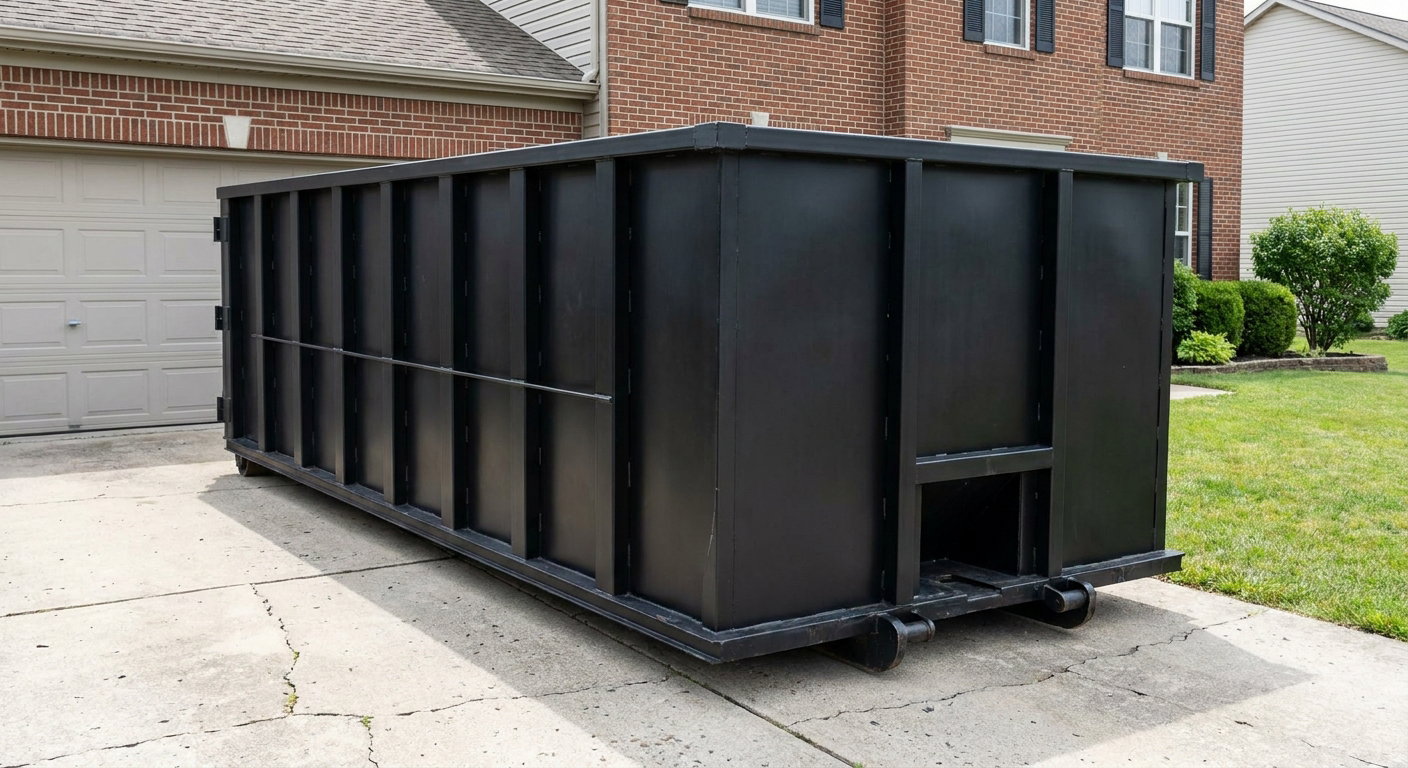 Matte-black 20-yard roll-off container on a Clifton residential concrete driveway with reinforced ribbed steel sidewalls and a hinged rear walk-in door, clean bright daylight.