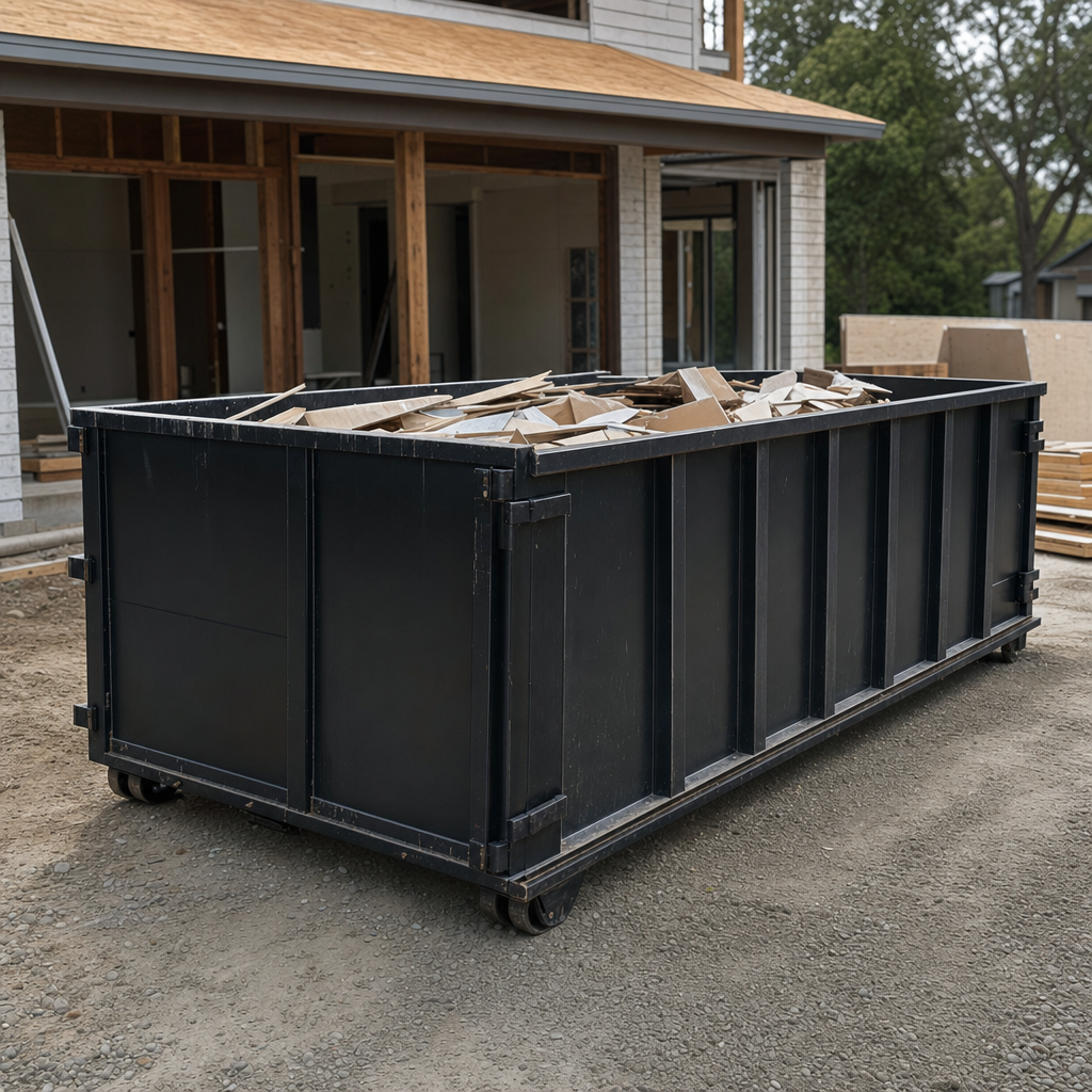 Large matte-black 30-yard construction roll-off dumpster at an active Clifton jobsite, steel-gray top rails and bottom rollers visible, loaded with construction debris.