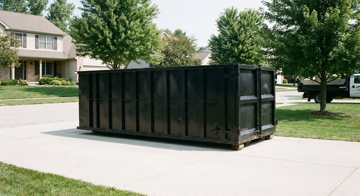 Matte-black 20-yard roll-off dumpster sitting level on a clean Clifton residential concrete driveway under bright daylight, demonstrating clean placement directly on the concrete.