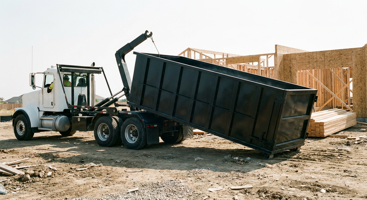 Matte-black roll-off dumpster being delivered onto a clean residential concrete driveway in Clifton by an unmarked white hooklift hauler truck, bright morning daylight, documentary 35mm perspective.