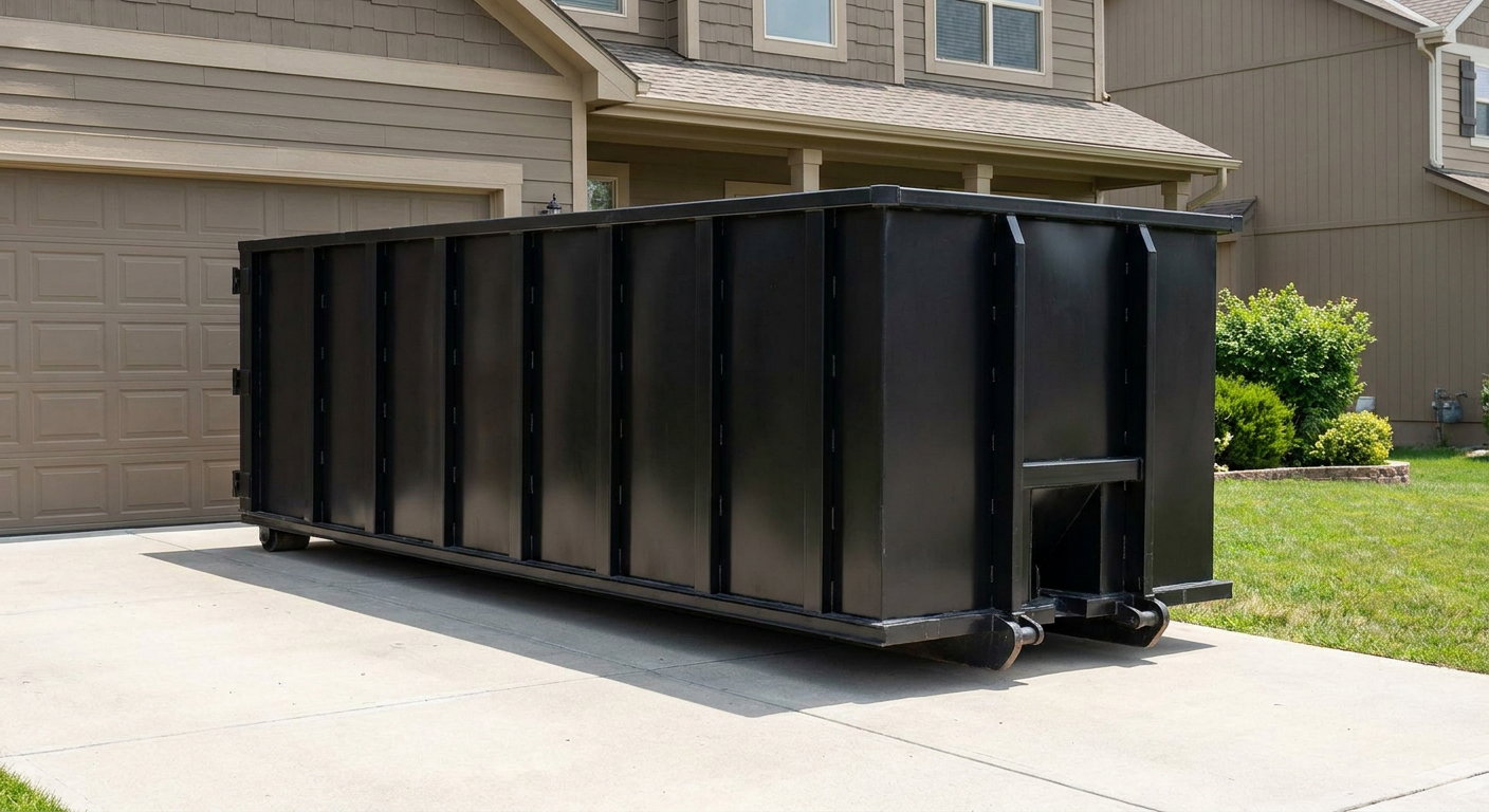 Matte-black residential roll-off dumpster sitting directly on a suburban Clifton concrete driveway, garage door closed, single-family home in background, bright morning daylight.