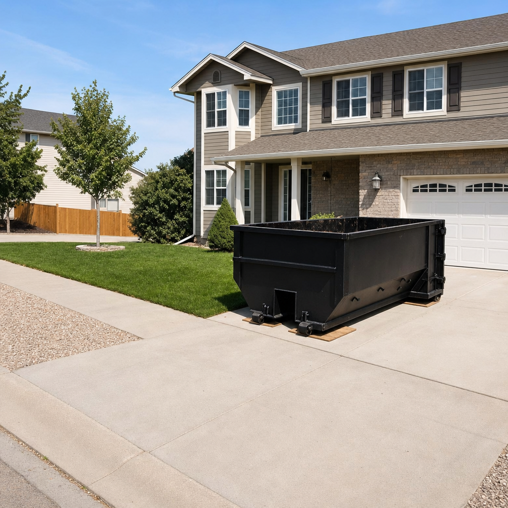 10-yard matte-black residential dumpster placed directly on a narrow Clifton concrete driveway, room remains for a parked sedan beside it, mid-morning natural light