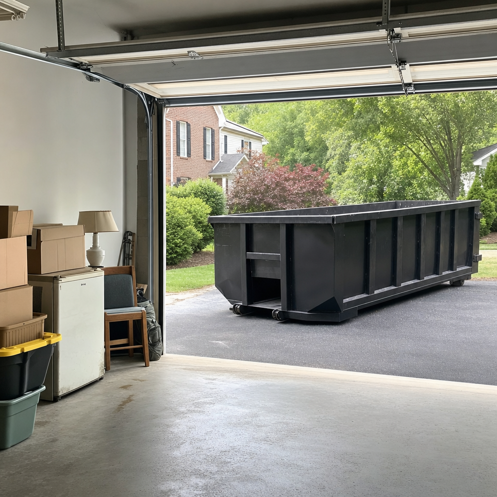 Open garage interior in a Clifton home mid-cleanout — boxed items, an old appliance, and stacked yard tools queued near the driveway for a matte-black roll-off dumpster, organized and calm