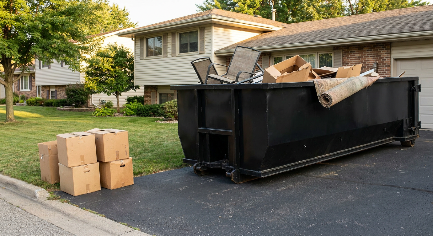 Front-yard view of a Clifton split-level home with a 20-yard matte-black roll-off dumpster sitting directly on the asphalt driveway, a few clearly labeled donation boxes staged at the curb, calm sunny afternoon.