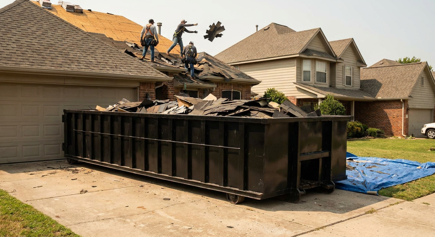 Matte-black roofing roll-off dumpster placed directly on a Clifton residential concrete driveway, a tear-off crew on a two-story asphalt-shingle roof tossing shingle bundles into the low-walled container, bright daylight, documentary 35mm perspective.