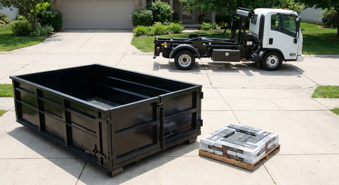Matte-black 15-yard roofing roll-off dumpster with reinforced low side walls sitting directly on a Clifton residential concrete driveway, three-tab asphalt shingle bundles stacked nearby, an unmarked white hauler truck partially visible at the edge of the frame.