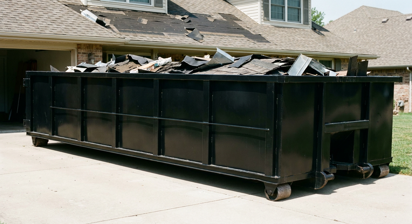 Matte-black 20-yard roofing roll-off dumpster with steel ribbed sides and swinging rear door, sitting directly on the concrete driveway of a two-story Clifton home, asphalt shingle debris being loaded over the low wall, clean documentary lighting.