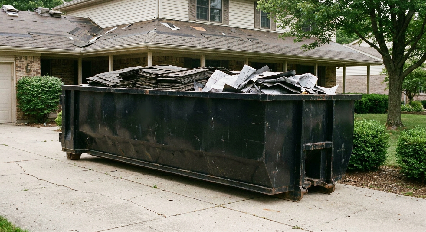 Matte-black 30-yard roofing roll-off dumpster sitting directly on a Clifton concrete driveway, taller ribbed steel side panels, mixed tear-off debris of asphalt shingles and underlayment inside, professional documentary daylight.