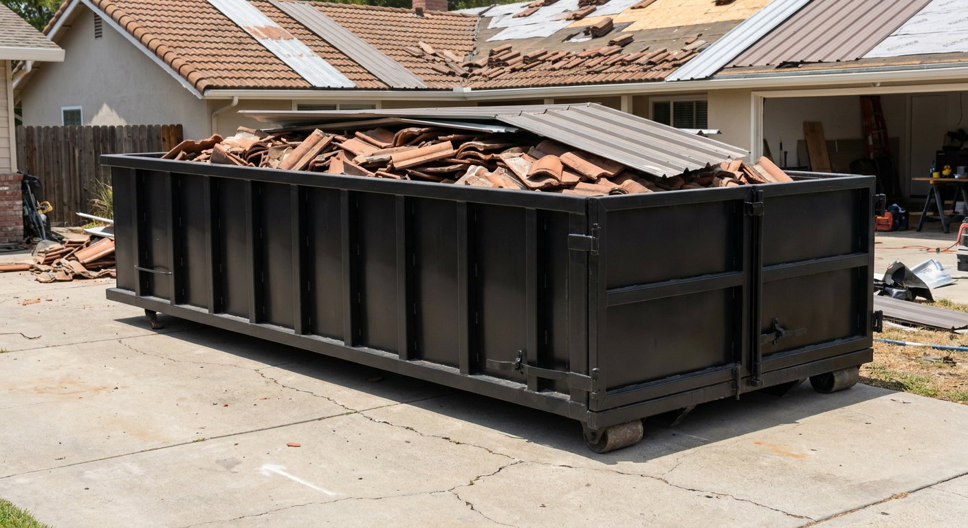 Matte-black low-wall heavy-debris roofing roll-off dumpster sitting directly on a Clifton concrete driveway, broken concrete clay roof tiles and metal panel sections loaded inside, reinforced ribbed steel side walls visible, bright outdoor daylight.
