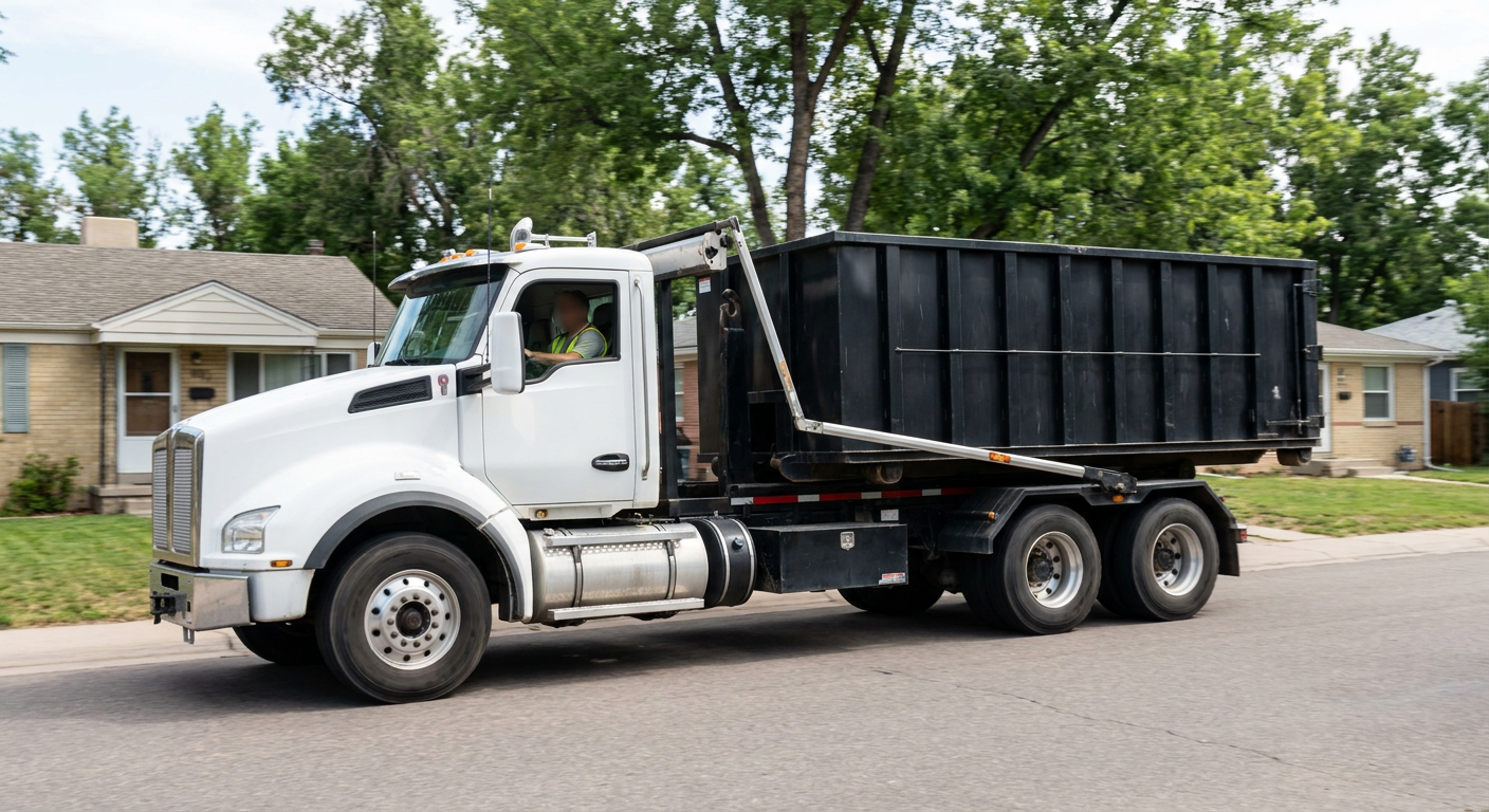 A wide documentary shot of a matte-black roll-off delivery truck pulling onto a quiet Clifton residential street at mid-morning, with neighborhood rooftops and tree-lined blocks visible behind, showing the metro coverage footprint.