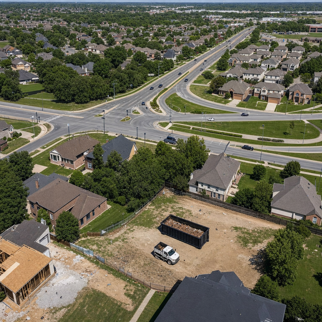 An overhead documentary view of the Clifton metro area at midday, showing the spread of neighborhoods, arterial roads, and the dispatch radius from a central yard — clean daylight, organized geographic layout.