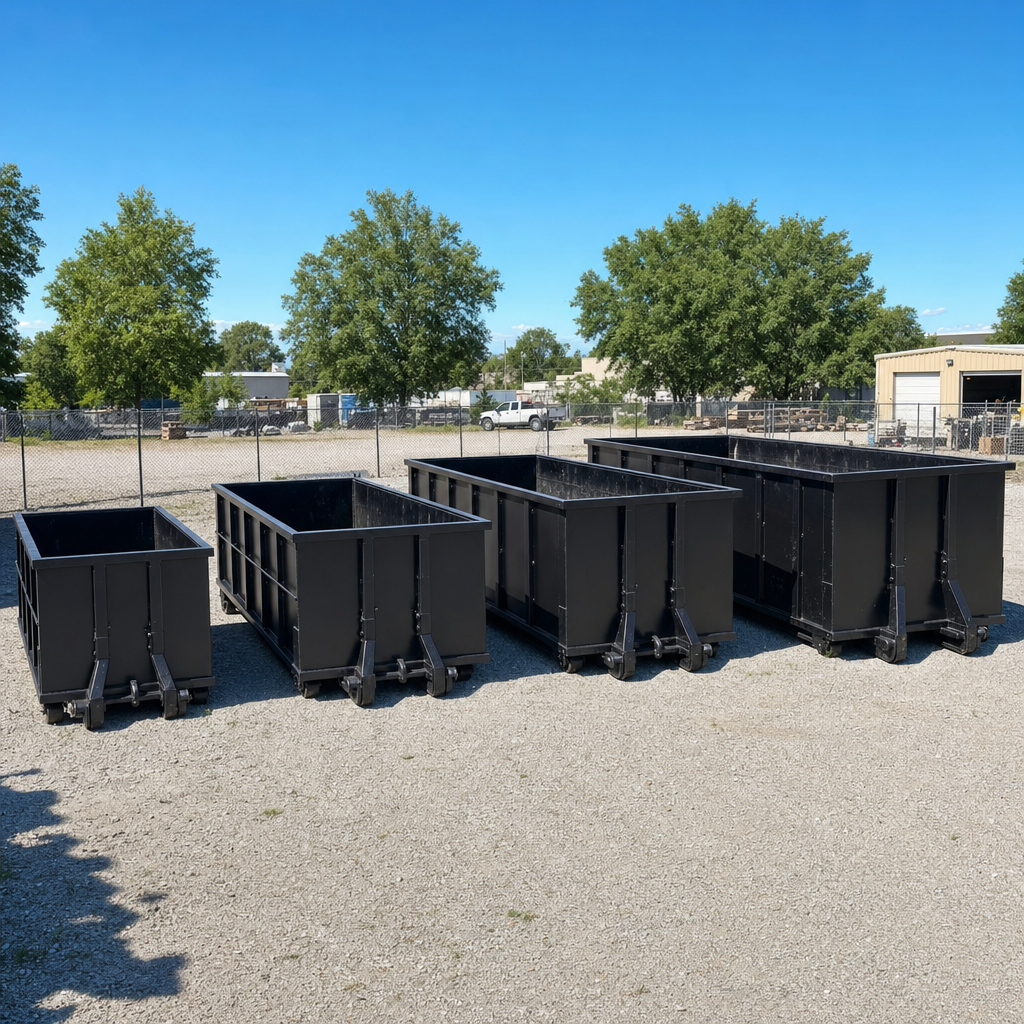 A clean lineup of matte-black roll-off dumpsters in 10, 20, 30, and 40-yard sizes staged on a sunlit gravel yard in Clifton, showing the size progression from compact to commercial-scale containers.