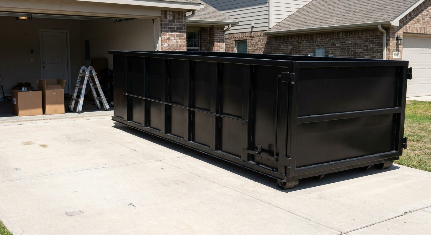 A matte-black 10-yard roll-off dumpster sitting directly on a residential Clifton concrete driveway, mid-day sunlight, clean and ready for a garage cleanout.