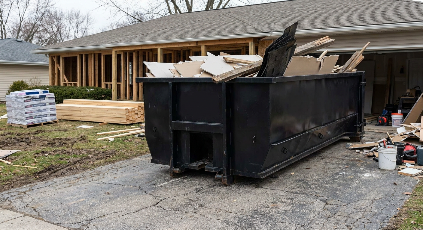 A matte-black 20-yard roll-off dumpster placed alongside a mid-renovation Clifton home directly on the asphalt driveway, with framing materials and torn-off shingles staged neatly nearby.