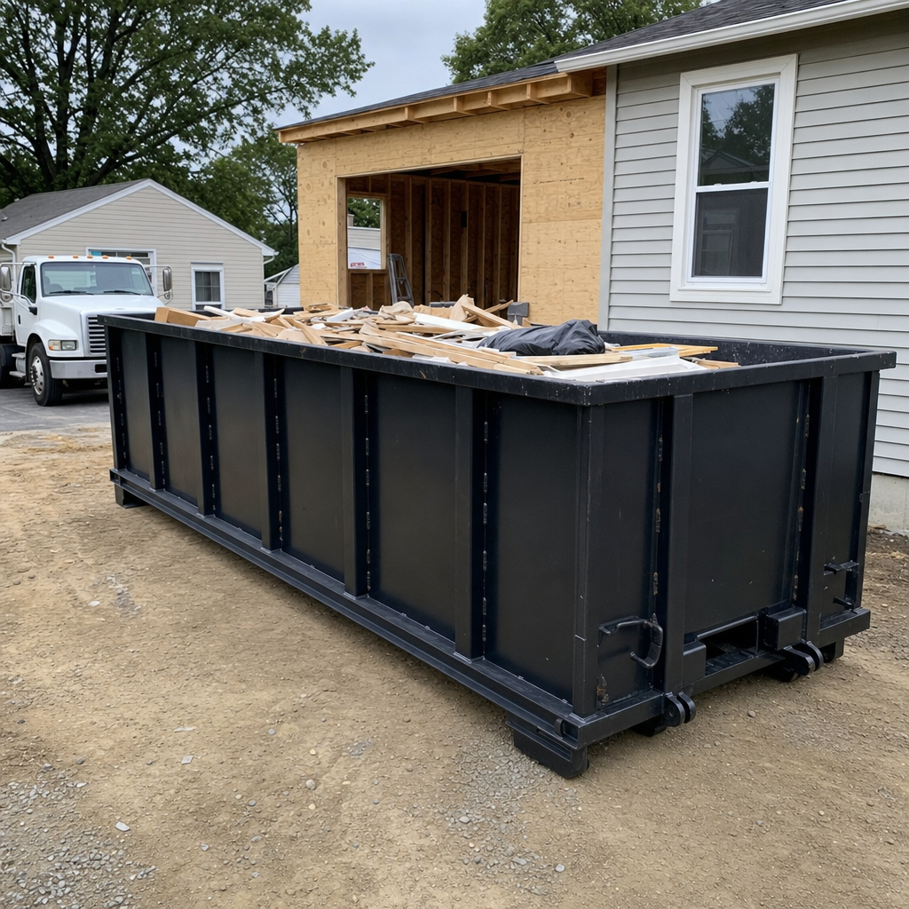 A matte-black 30-yard roll-off dumpster positioned at a Clifton residential addition jobsite, with framing lumber and drywall scraps loaded through the open swinging rear doors.