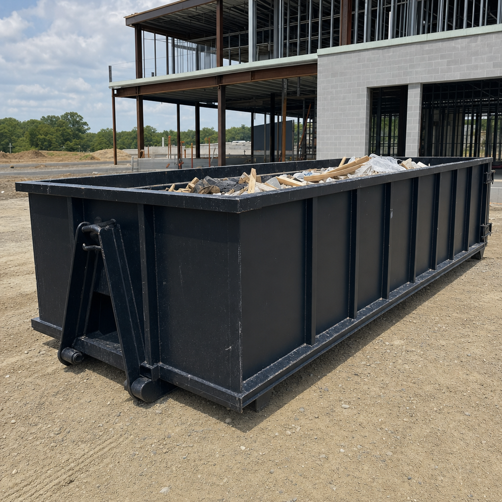 A matte-black 40-yard roll-off dumpster staged on a large Clifton commercial construction lot, with a hooklift delivery truck parked alongside under bright midday sky.