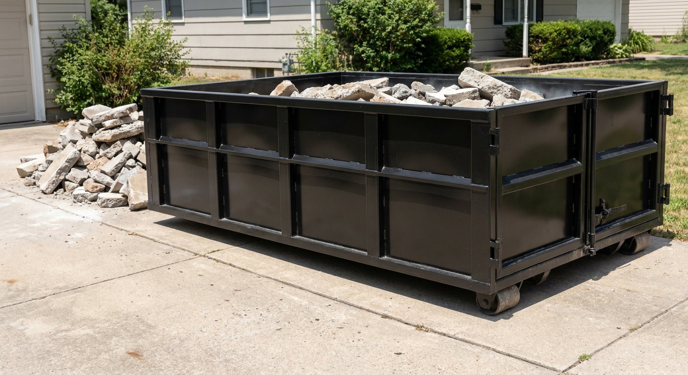 A matte-black low-side heavy-debris roll-off dumpster placed directly on a Clifton concrete driveway, with broken concrete chunks neatly stacked beside it under clean daylight.